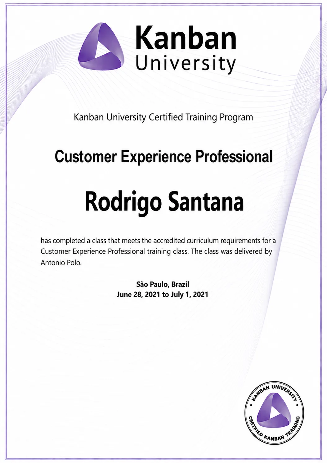 Certificação CXP, emitida pela Kanban University